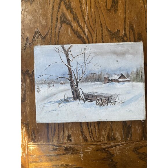 Vintage Winter Landscape Canvas Painting With Barn & Wagon Scene - Picture 1 of 8